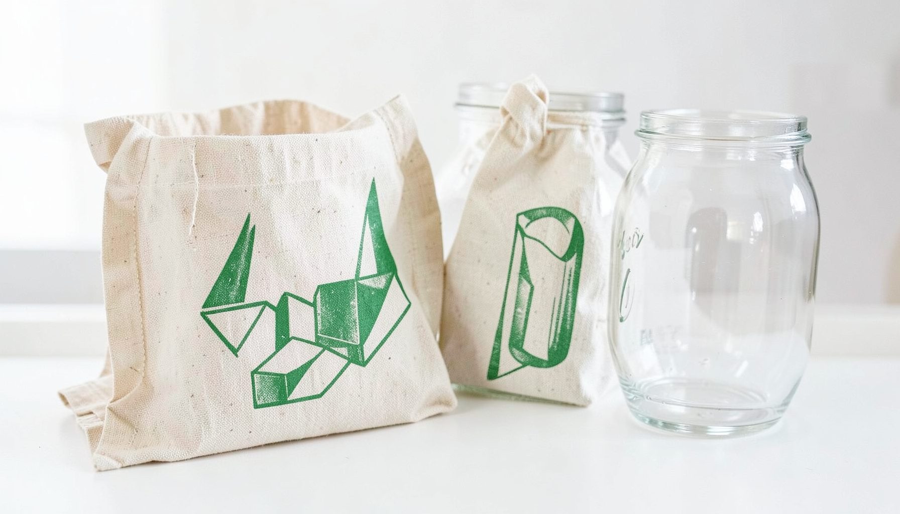 Sacs en tissu réutilisables et bocaux en verre disposés sur un plan de travail clair, ambiance épurée