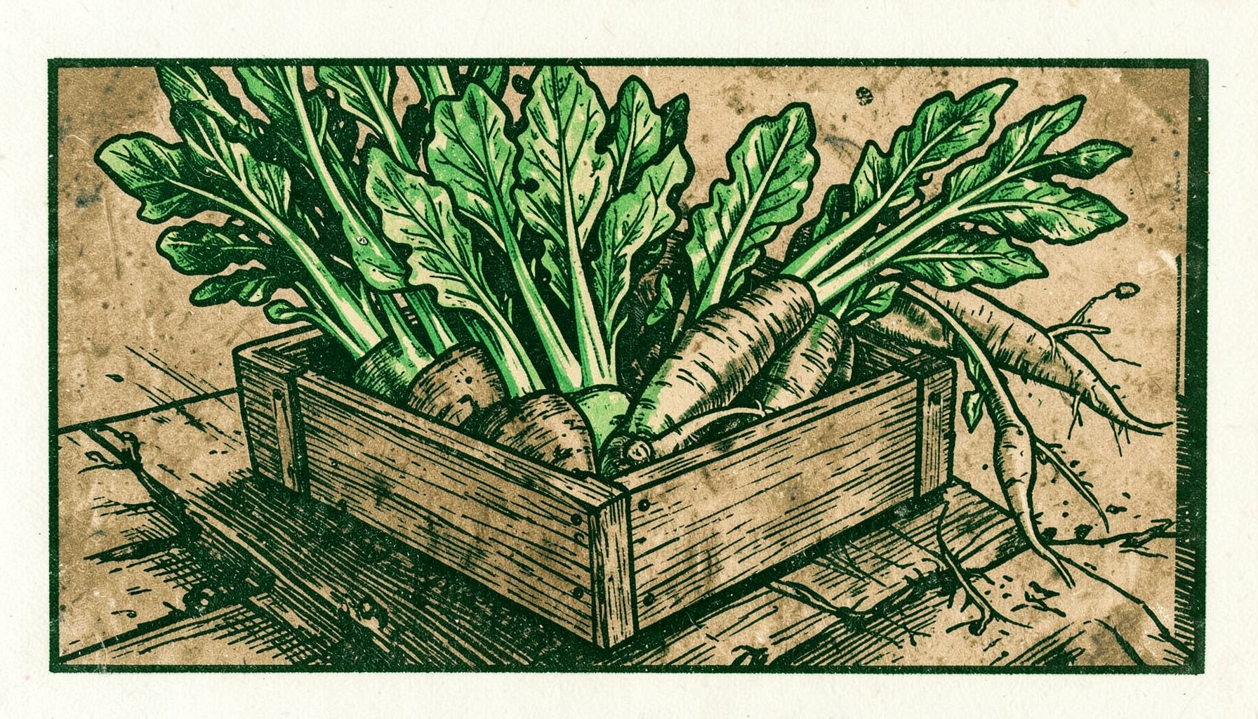 Mains gantées disposant des légumes racines dans une cagette en bois, tons terreux et verts