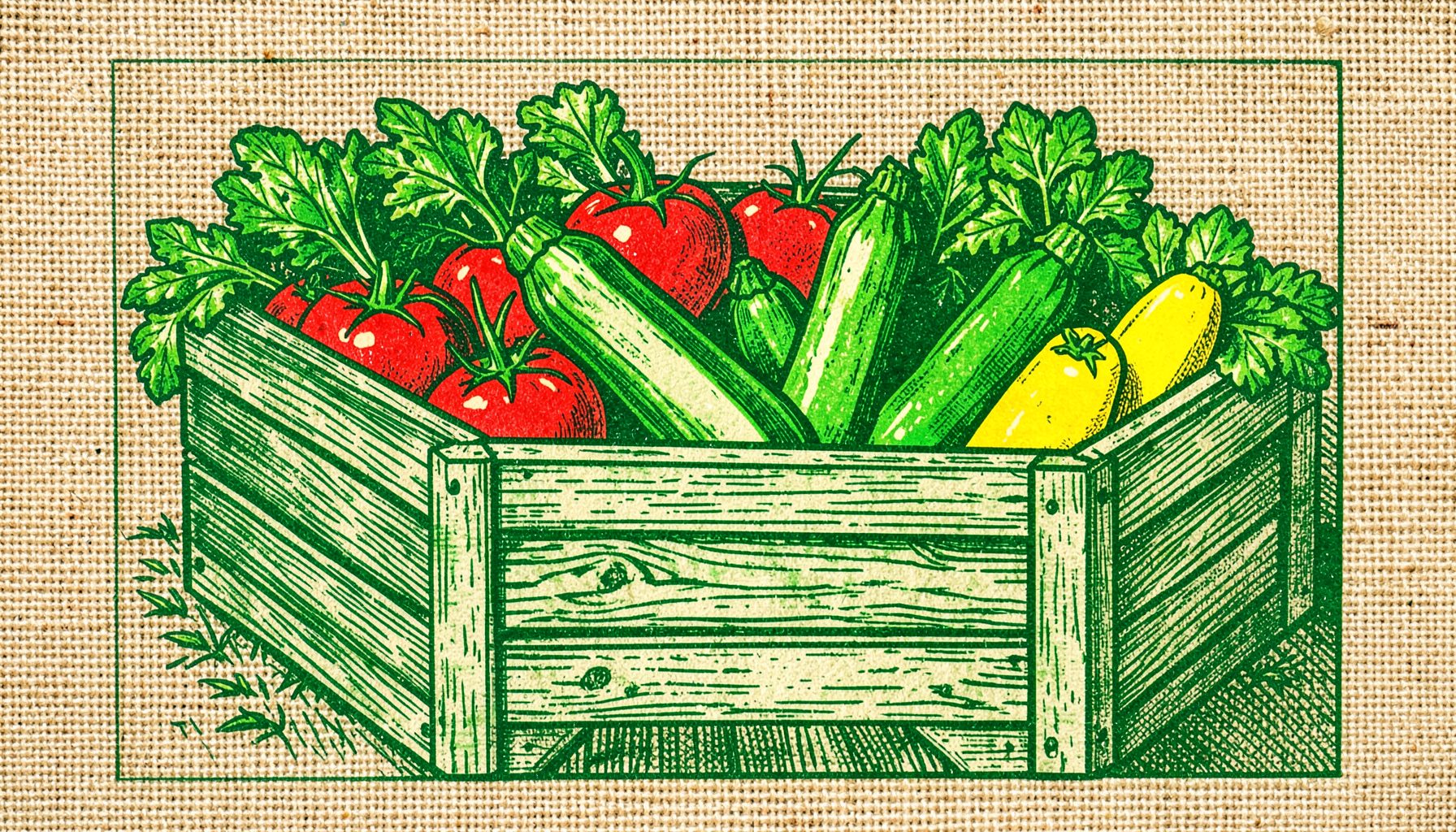 Étal de légumes frais aux couleurs vives — tomates rouges, courgettes vertes, poivrons jaunes — disposés dans des caisses en bois sur un fond de toile de jute