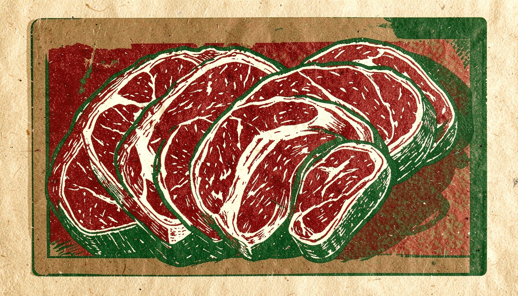 Pièces de viande soigneusement disposées – tranches de veau et bœuf sur un fond de papier kraft, tons rouges profonds et blancs crème