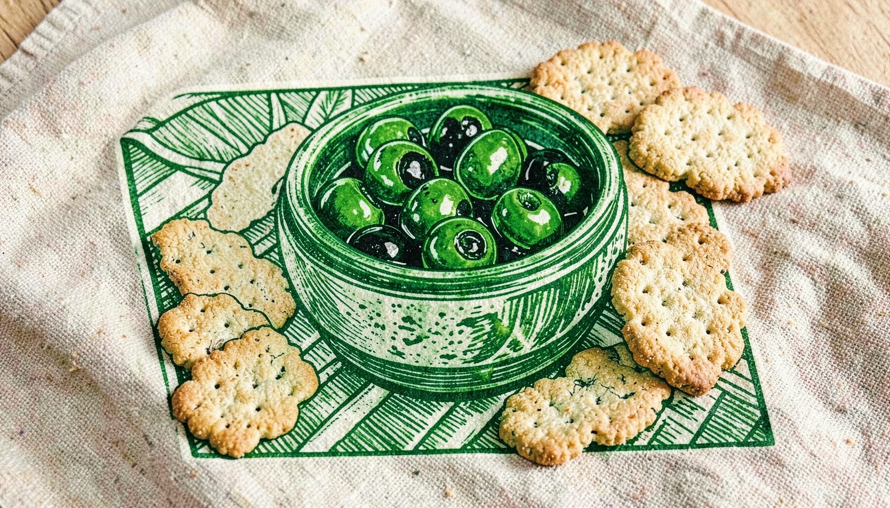 Bol en céramique rempli d'olives vertes et noires, accompagné de crackers dorés, sur une nappe en lin naturel