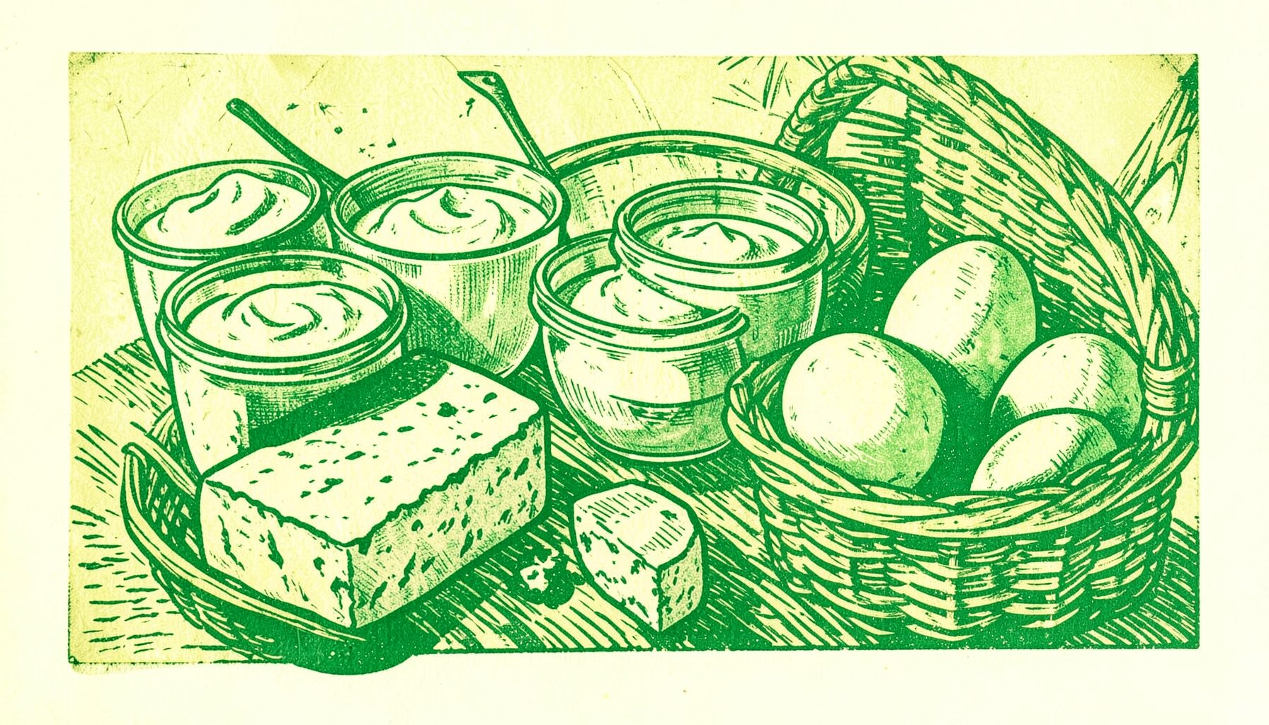 Fromages à pâte dure et molle, pots de yaourt en verre et œufs dans un panier en osier, tons crème et jaune pâle