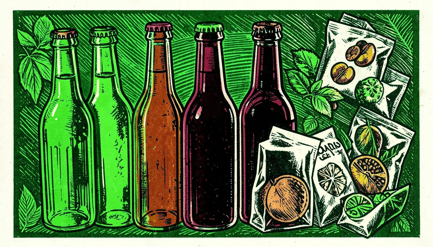 Bouteilles en verre de jus de fruits colorés, bouteilles de bière ambrée et de vin rouge, sachets de café et thé en vrac
