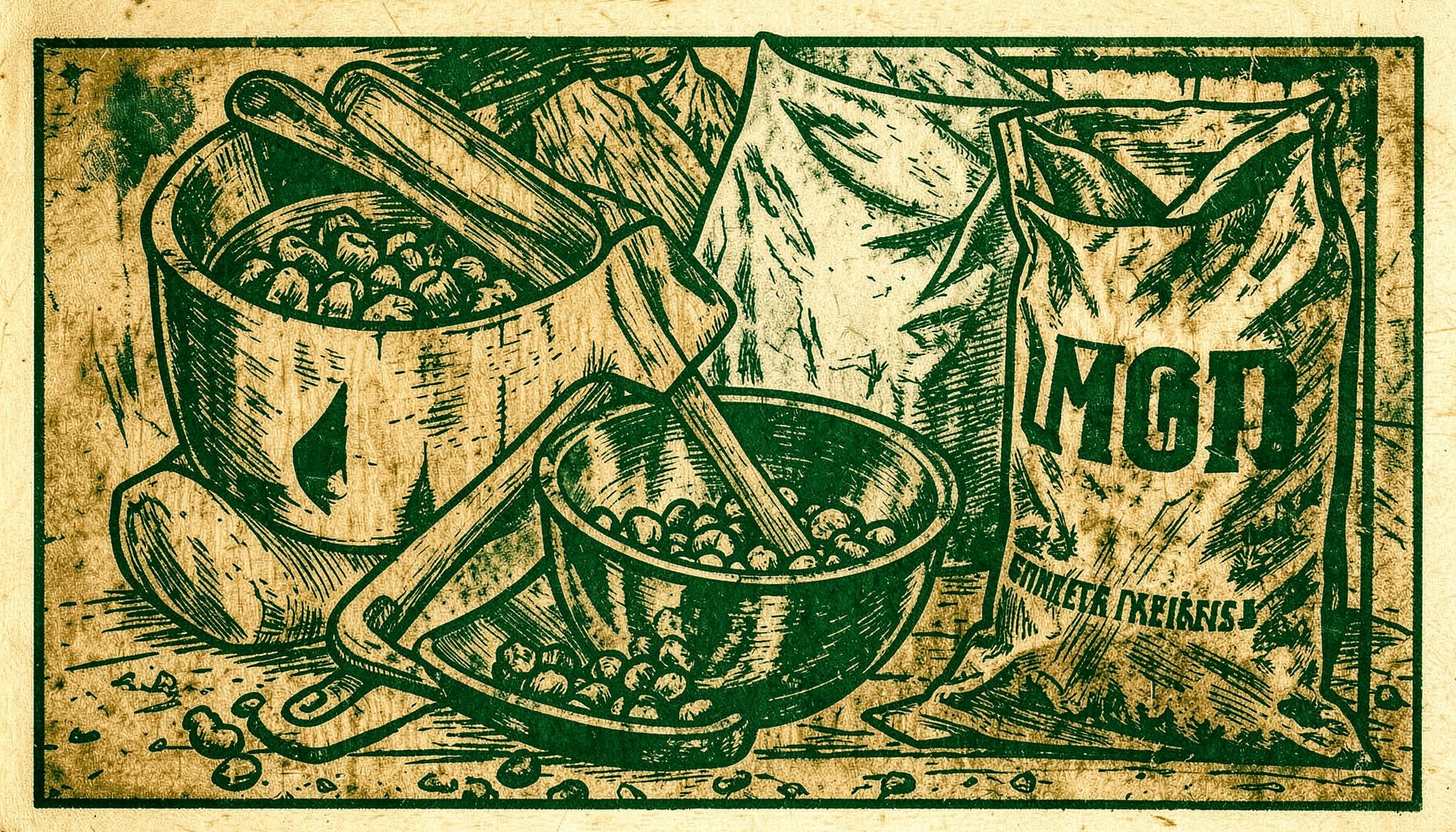 Jouets en bois naturel, gamelles en inox et sacs de croquettes en vrac, tons chauds de bois et gris métallique